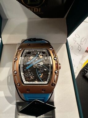 BIBI Luxury Skeleton Dial Qrtz Tonneau Rose Gold Case Turquoise Rubber Strap NIB